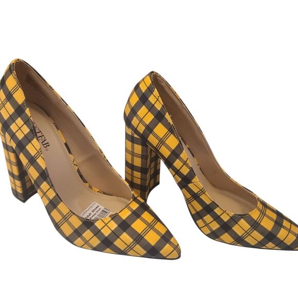 Just Fab Heels Mustard Yellow Bold Plaid Chunky 4" Heels Pointy Toes Size 7.5 - Picture 3 of 14